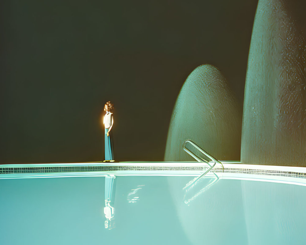 Nighttime scene with person by illuminated pool and sculptural forms in background