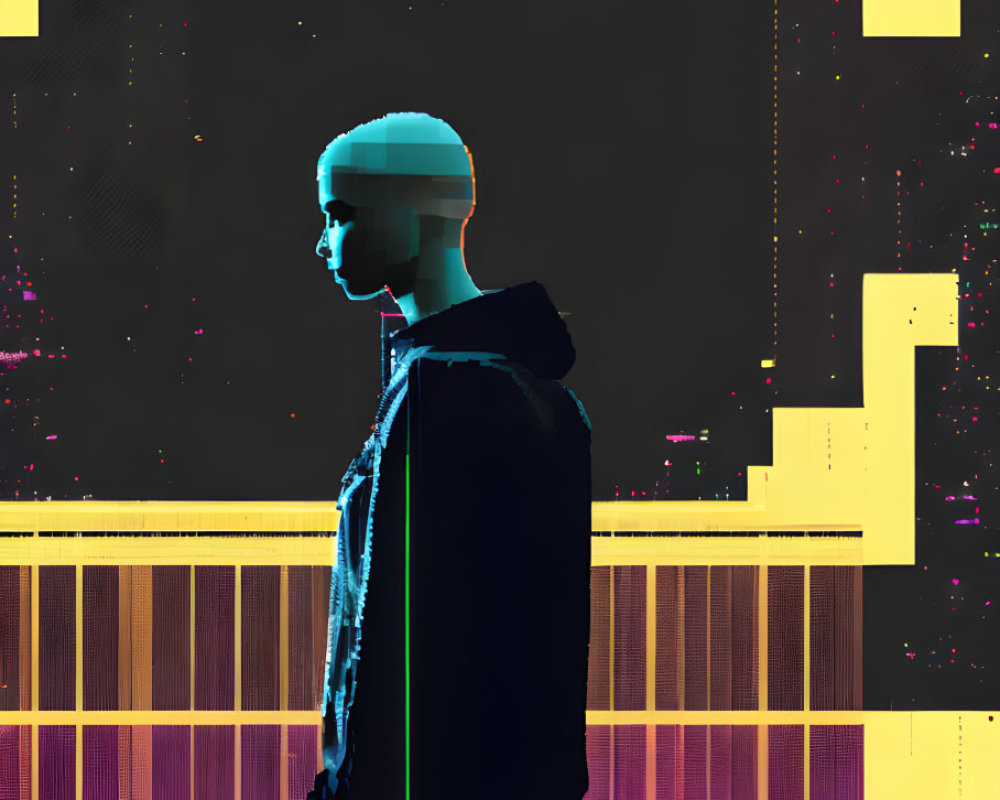 Profile view portrait with digital glitch art effect in vibrant yellow, pink, and cyan colors on dark background