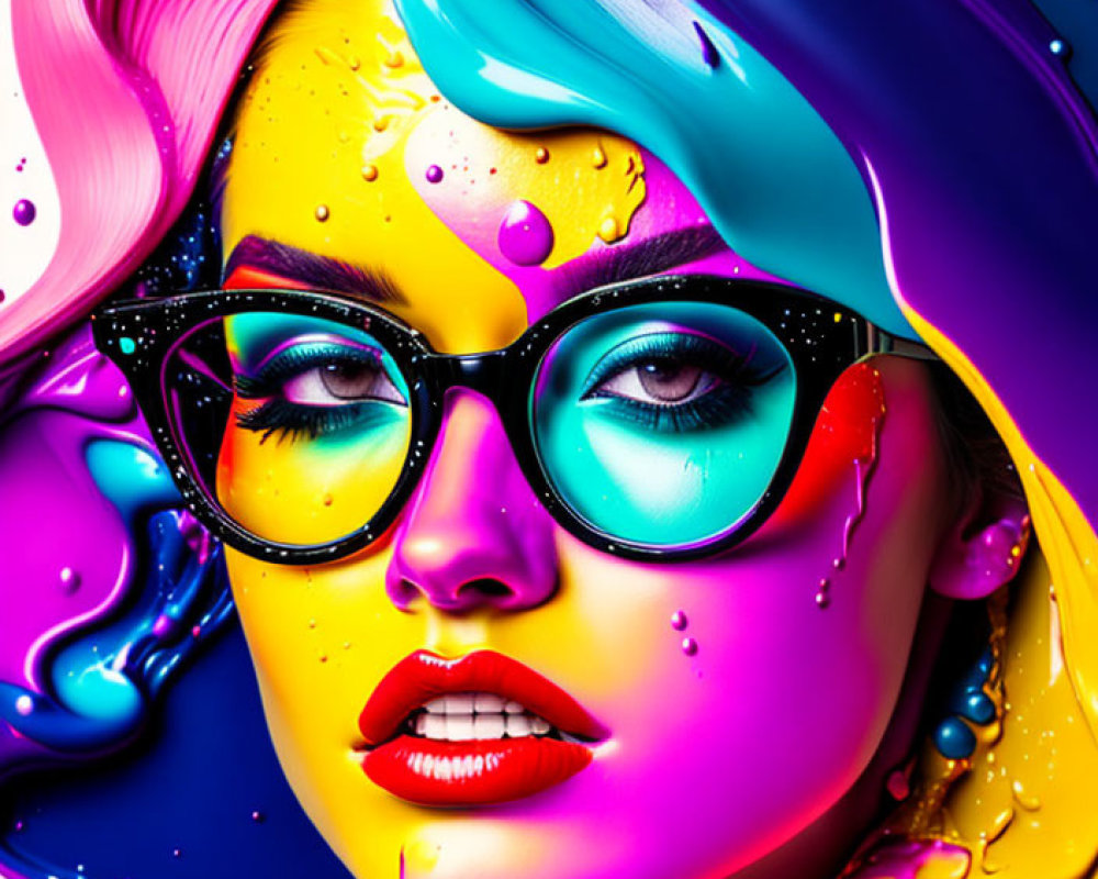 Colorful digital portrait of a woman with neon paint splashes and vibrant hair.