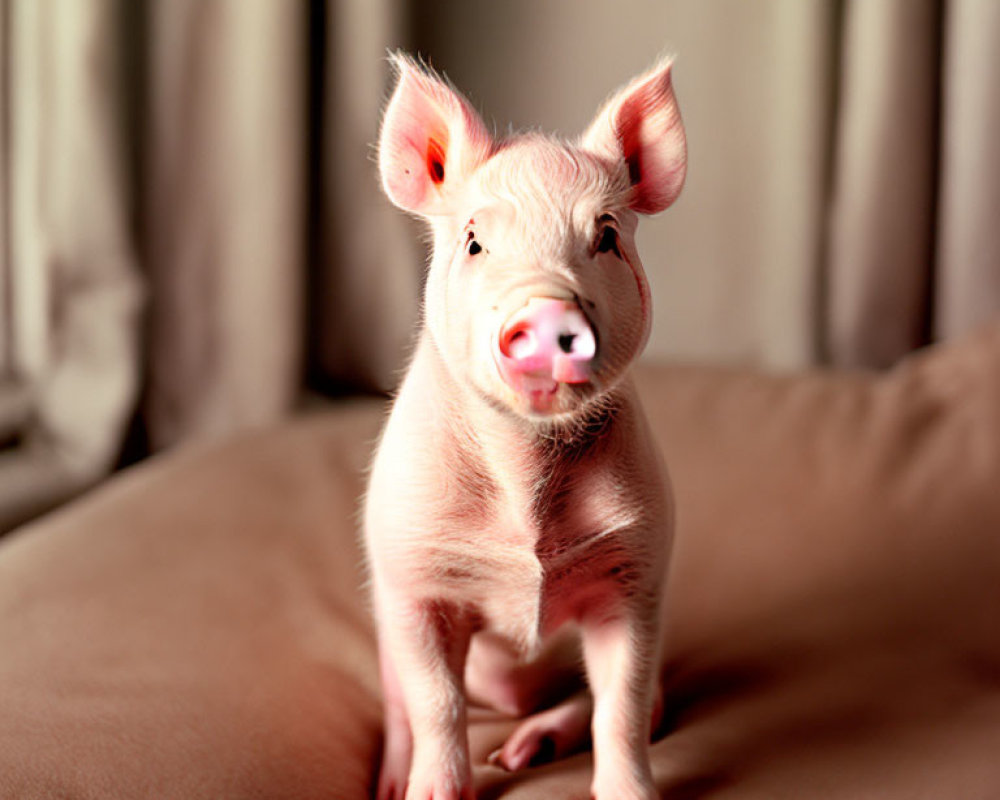 Pink piglet with curious expression on beige surface