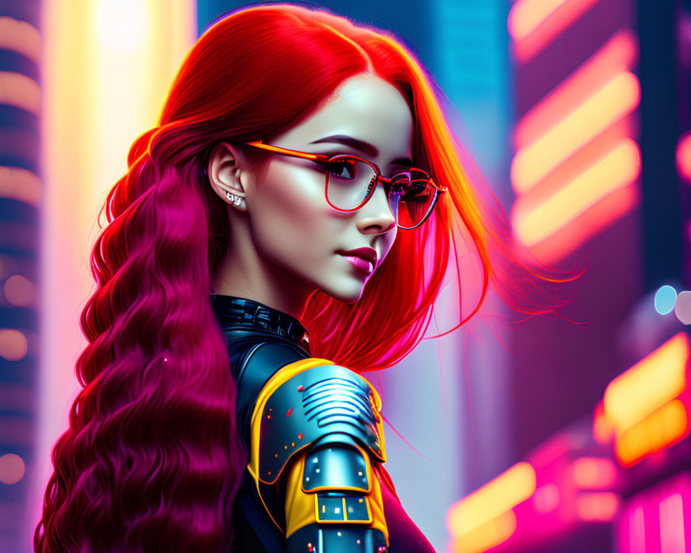 Red-haired woman in glasses with futuristic attire against neon cityscape.