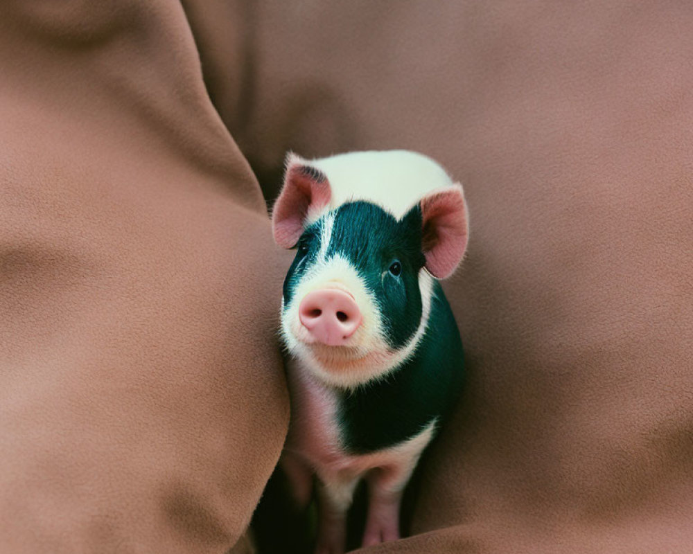 Adorable black and white piglet inquisitively peeking from cozy brown blanket