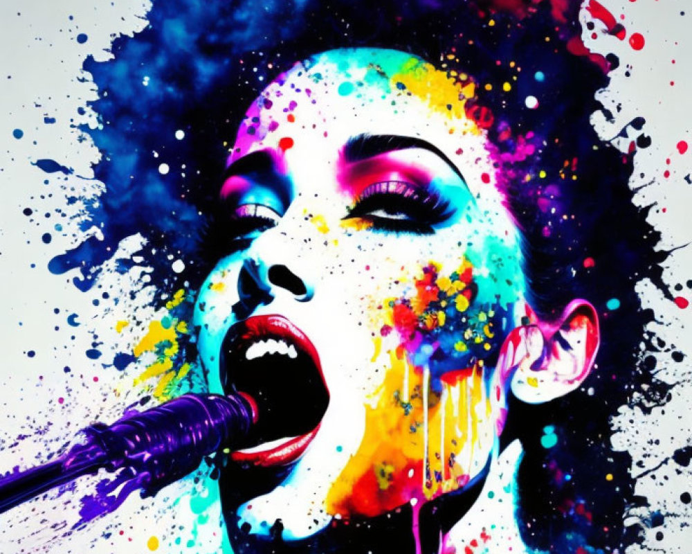 Vibrant digital artwork: Woman singing with colorful paint splashes