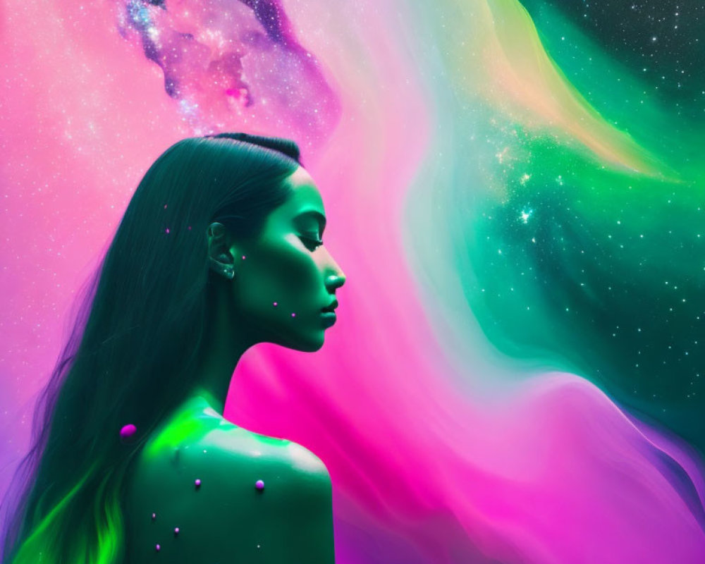 Woman's profile against swirling neon cosmic background