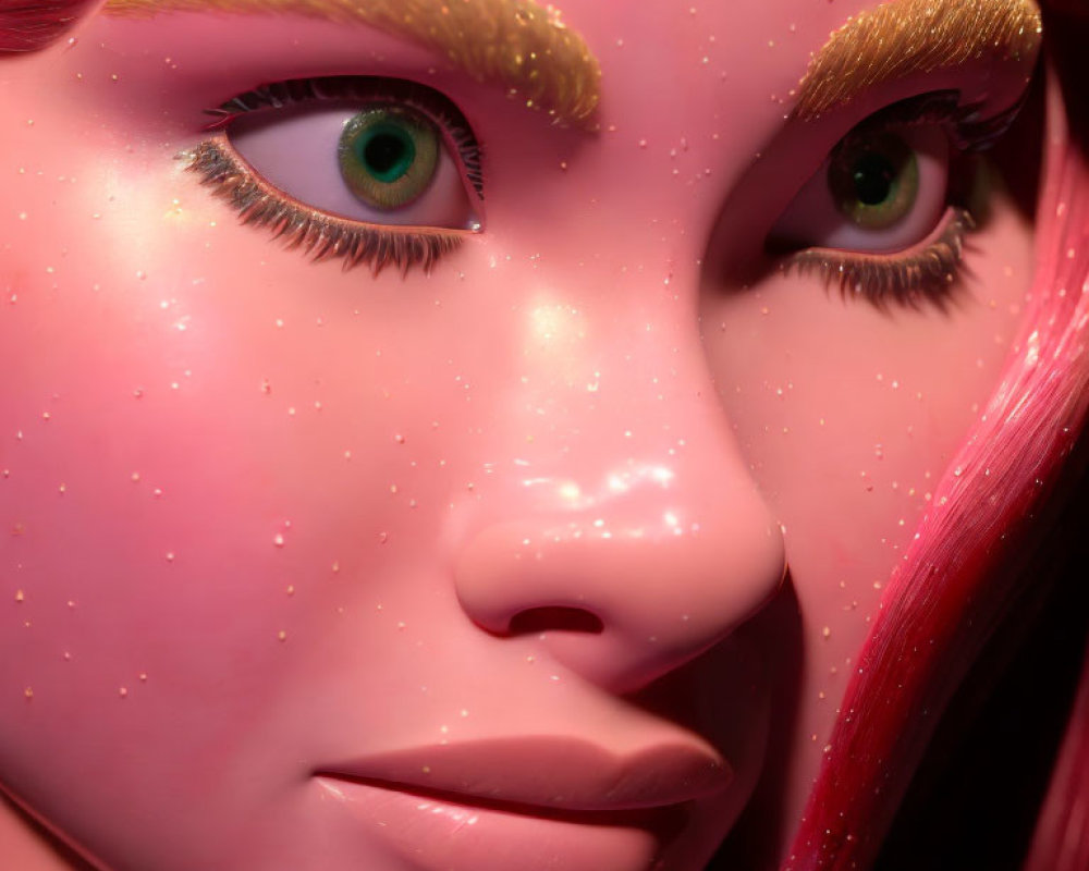 Detailed 3D-rendered female face with green eyes, gold-glittered eyebrows, pink skin