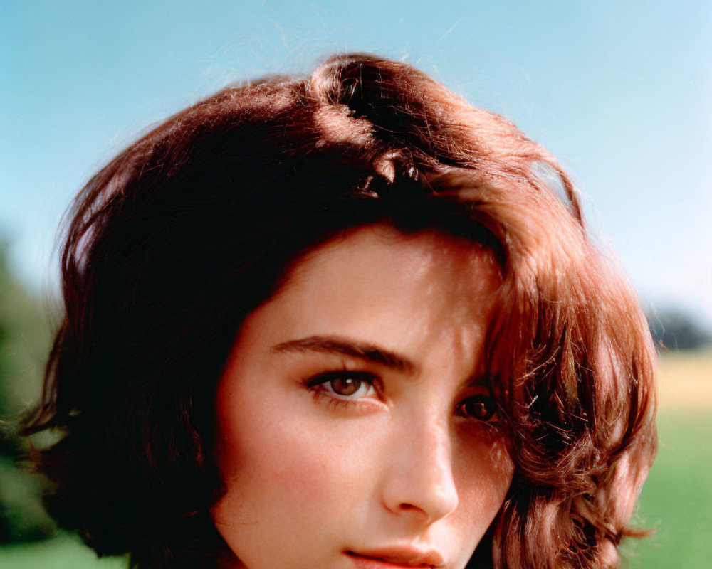 Close-up Portrait: Woman with Short Brown Hair and Fair Skin on Green Background