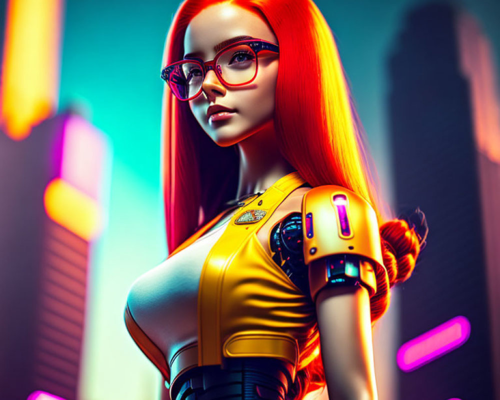 Stylized image of female character with red hair and glasses in futuristic yellow attire against neon-lit