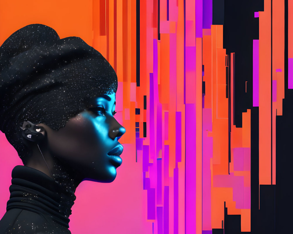 Profile of woman with black headwrap on vibrant background