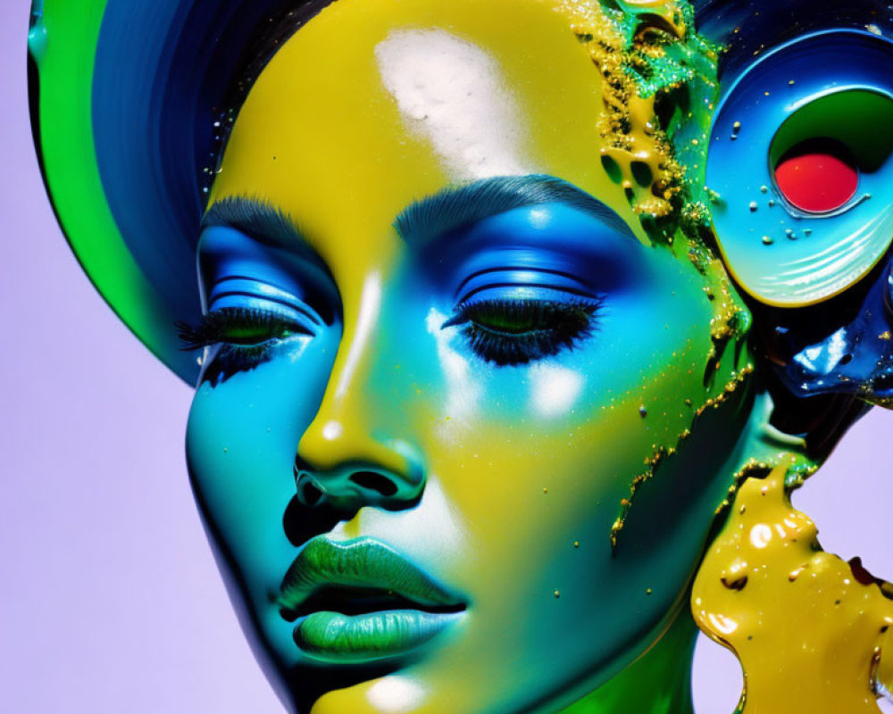 Vibrant portrait of person with blue skin and colorful liquid draping.