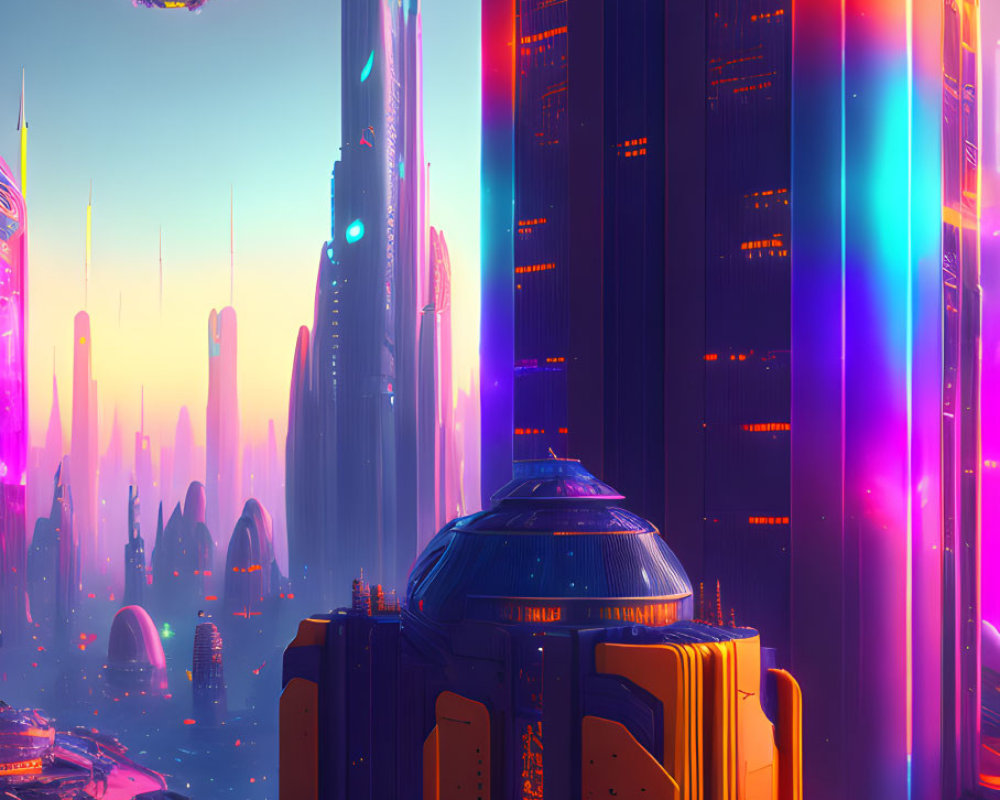 Futuristic cityscape with neon skyscrapers and flying vehicles