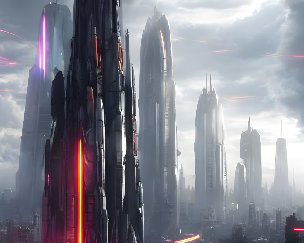 Futuristic cityscape with towering skyscrapers and neon accents