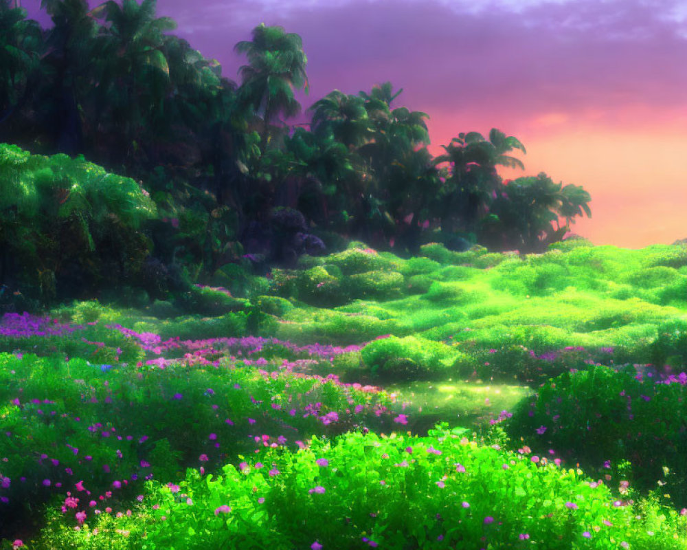 Vibrant forest with purple and pink flowers at dusk