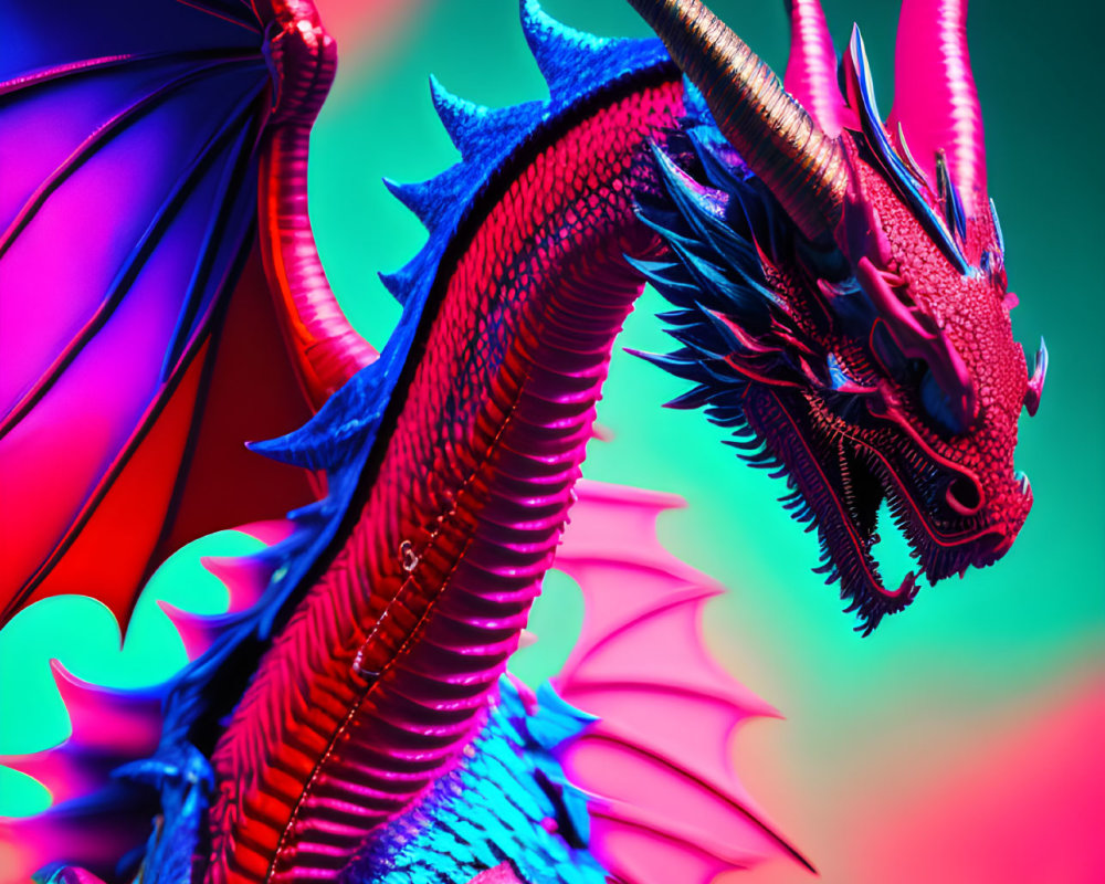 Colorful 3D-rendered dragon with blue scales and purple wings on gradient background