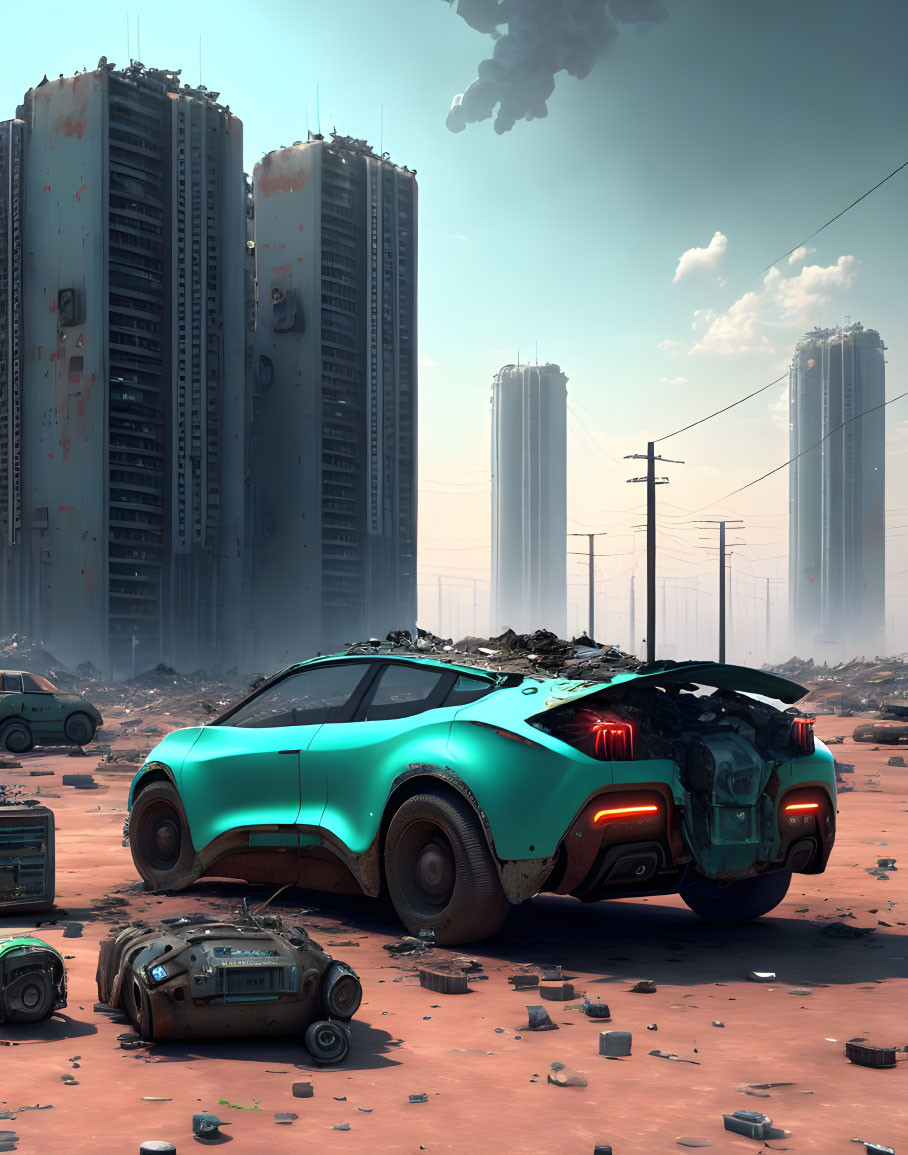 Damaged turquoise car in futuristic desolate cityscape