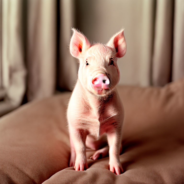 Pink piglet with curious expression on beige surface