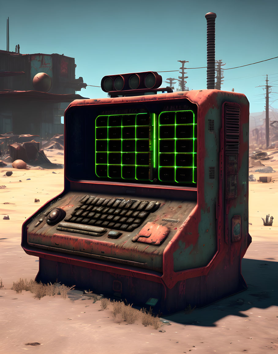 Retro-futuristic computer terminal in desert landscape with green screen