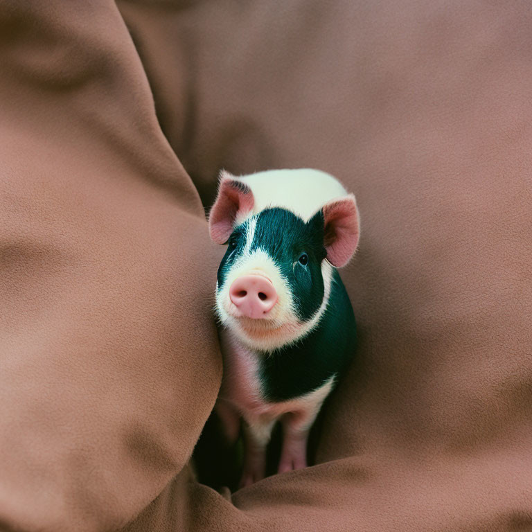 Adorable black and white piglet inquisitively peeking from cozy brown blanket