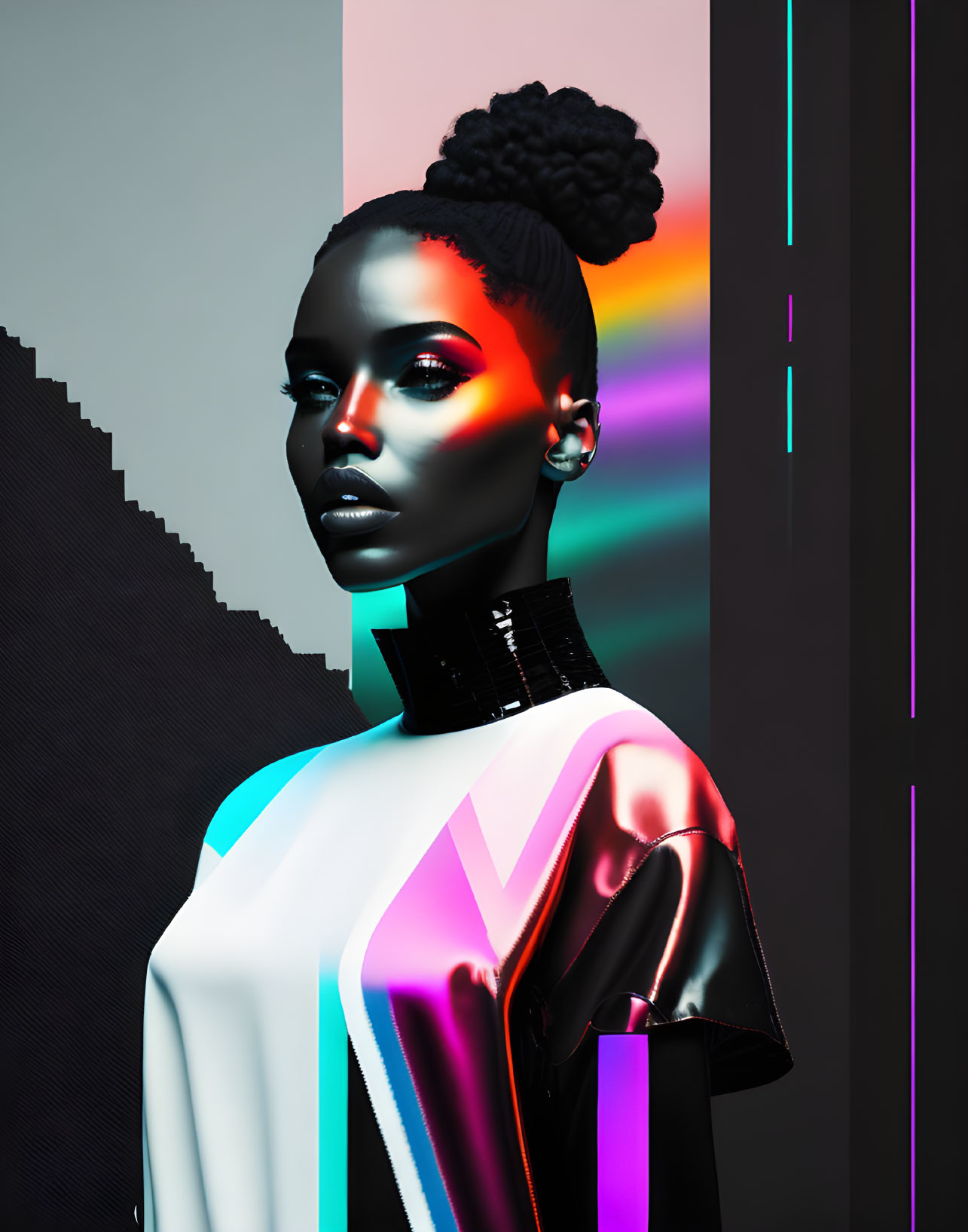 Digital Artwork: Woman with Striking Makeup and Futuristic Outfit on Neon Abstract Background