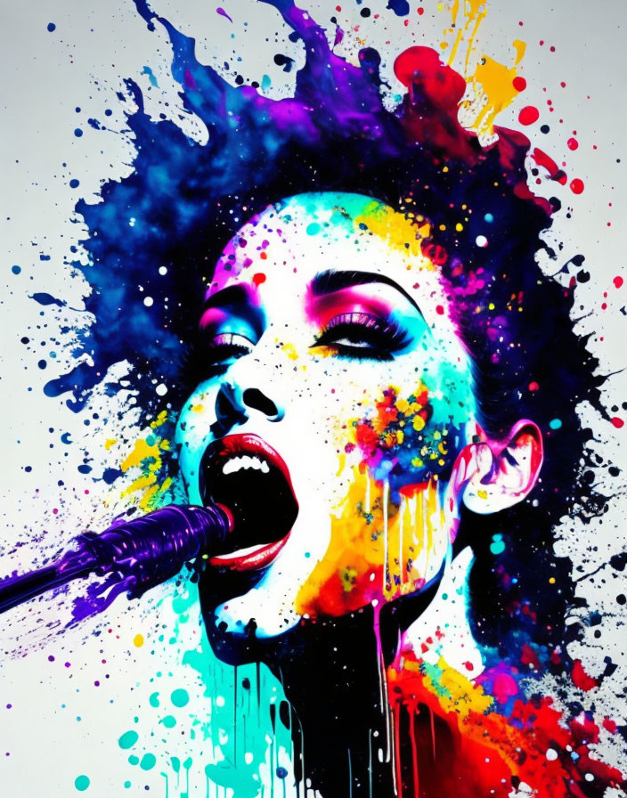 Vibrant digital artwork: Woman singing with colorful paint splashes