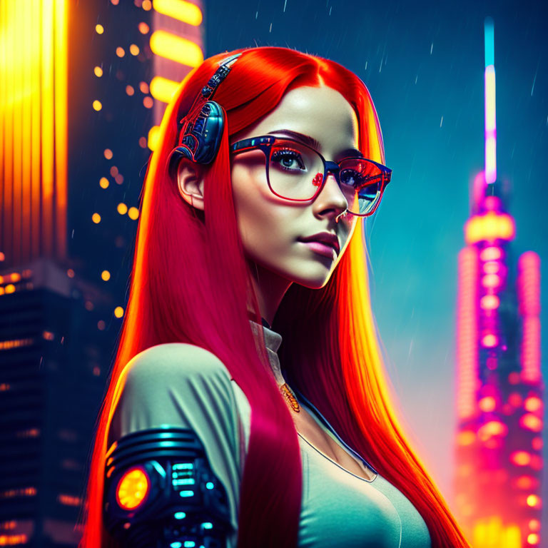 Red-haired woman with glasses in headphones against neon-lit futuristic cityscape