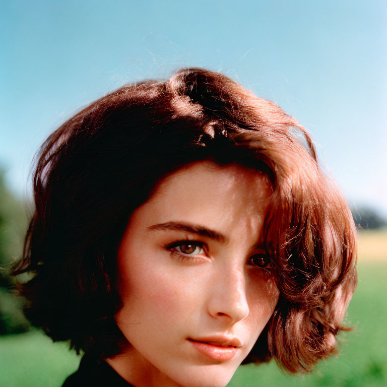 Close-up Portrait: Woman with Short Brown Hair and Fair Skin on Green Background