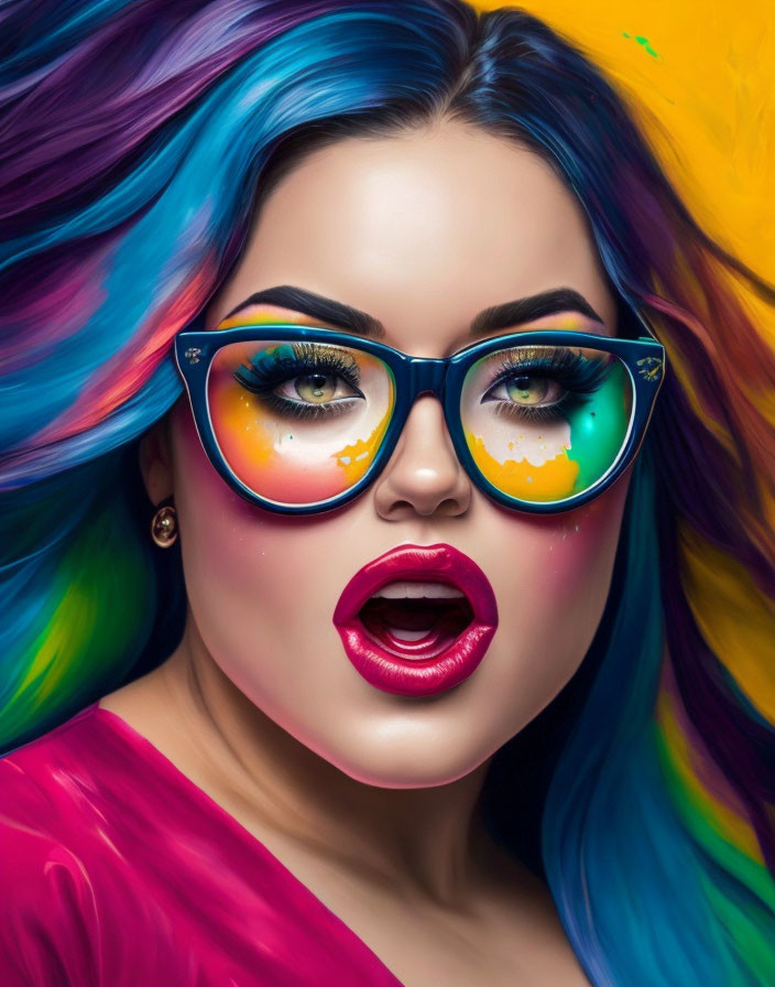 Colorful Woman with Multicolored Hair and Bold Makeup in Stylish Glasses