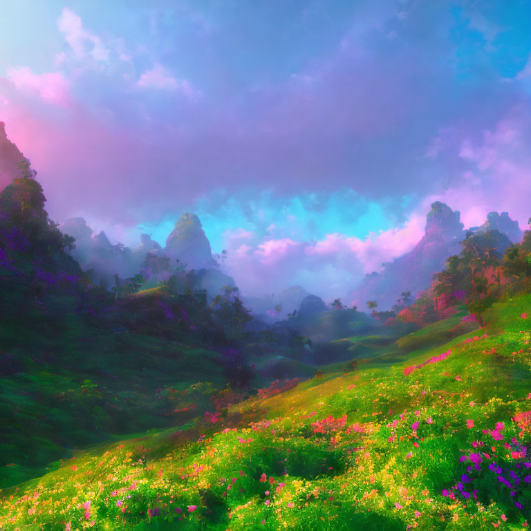 Colorful Landscape with Green Hills and Purple Mountains