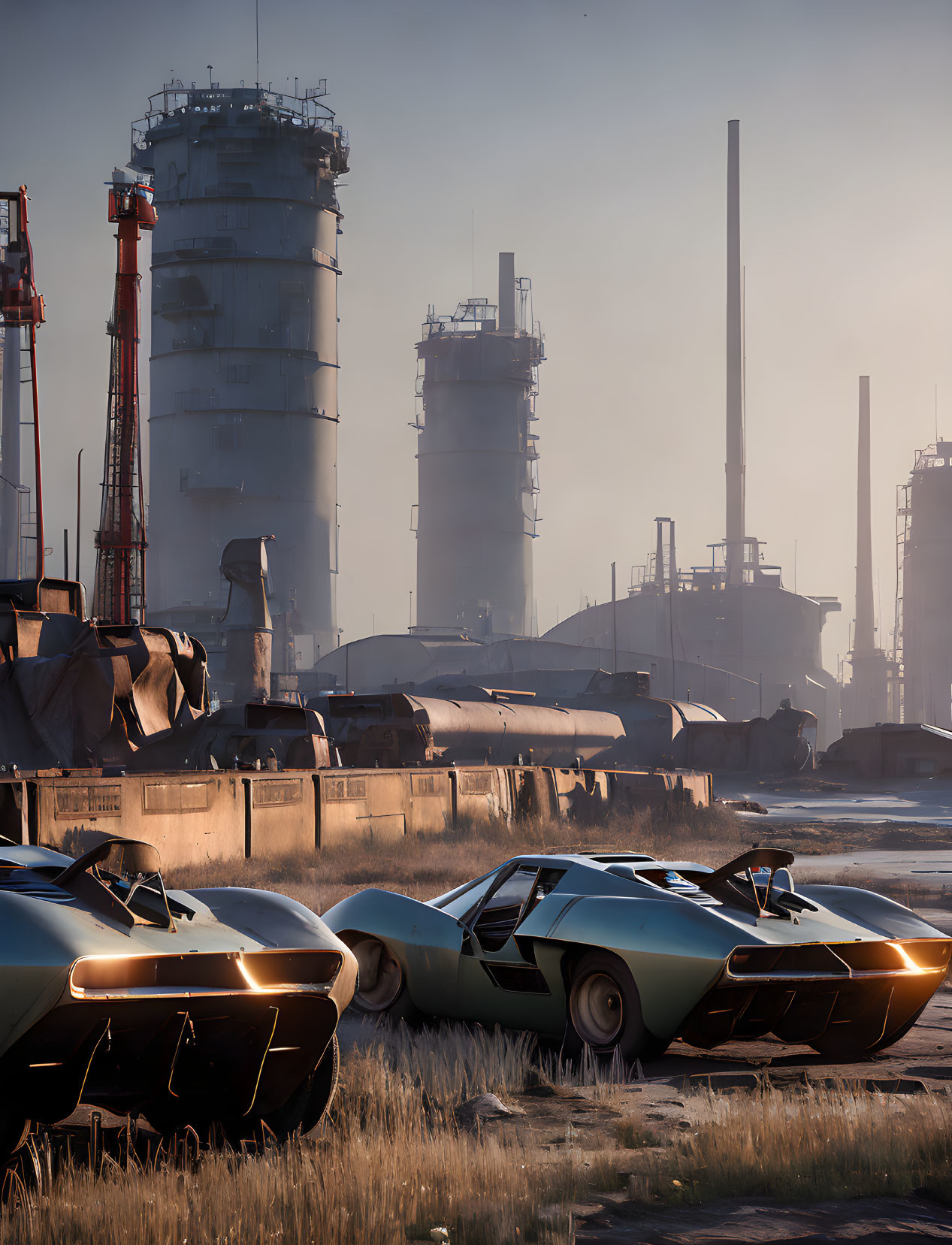 Futuristic sports cars in industrial setting with silos and pipes