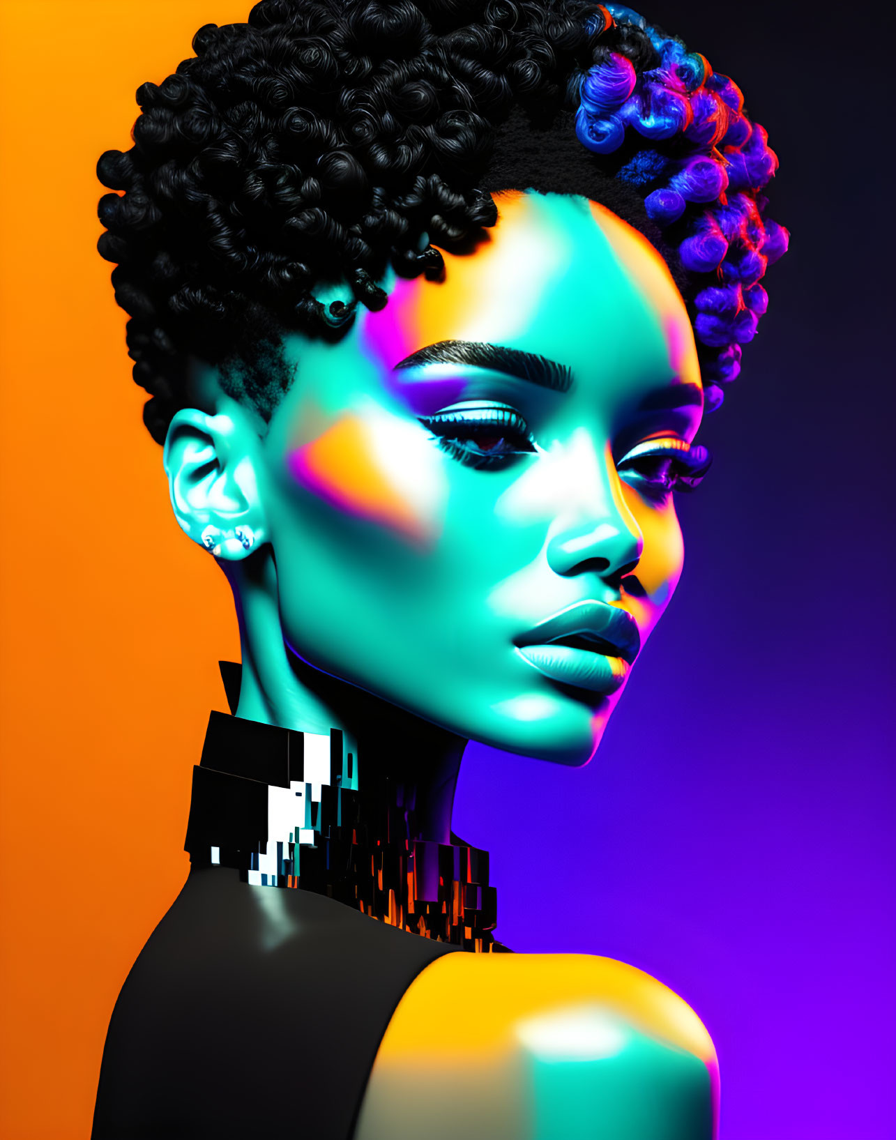 Vibrant neon colors on stylized woman with pixelated neck detail