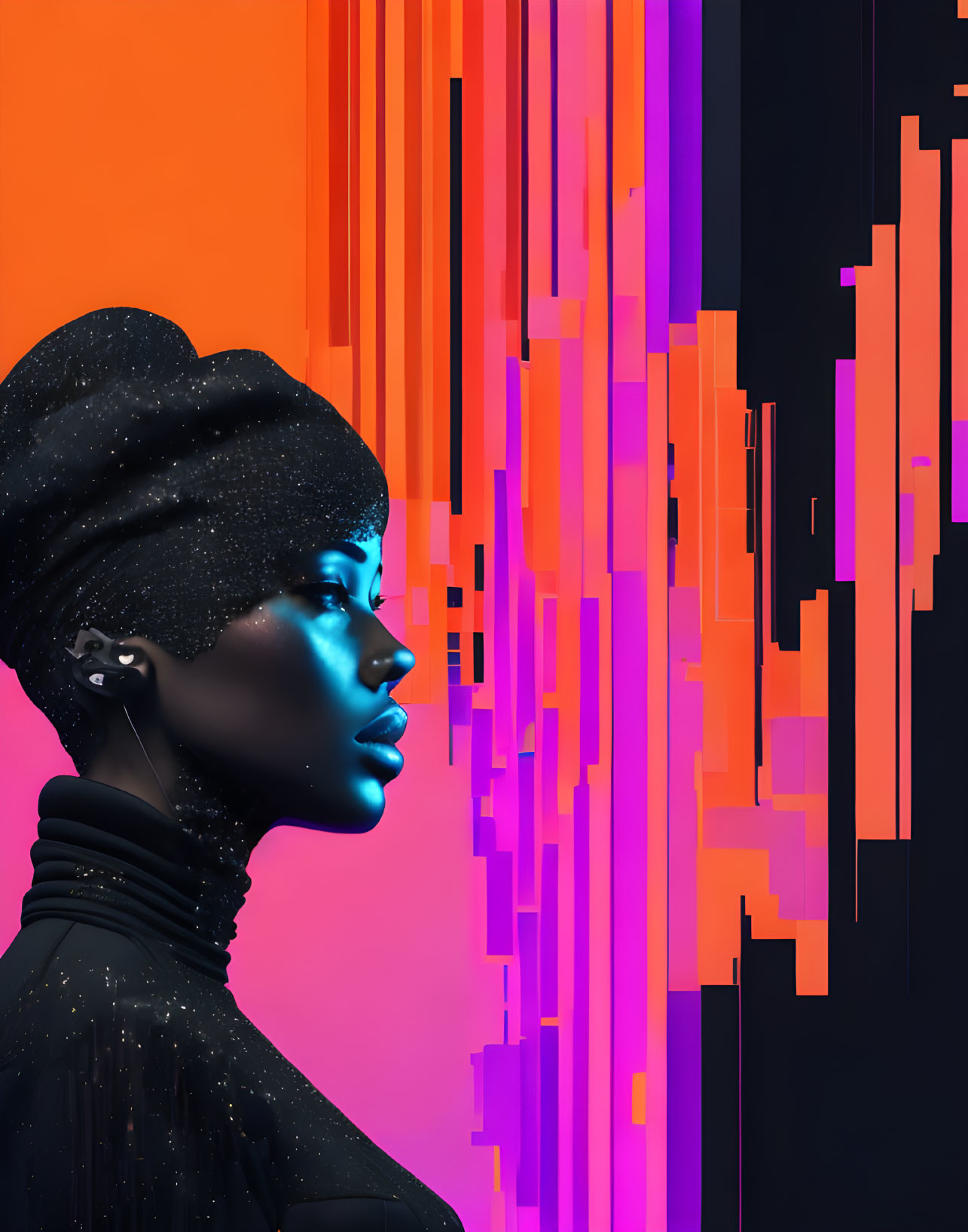 Profile of woman with black headwrap on vibrant background