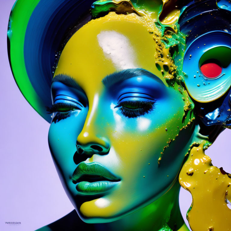 Vibrant portrait of person with blue skin and colorful liquid draping.