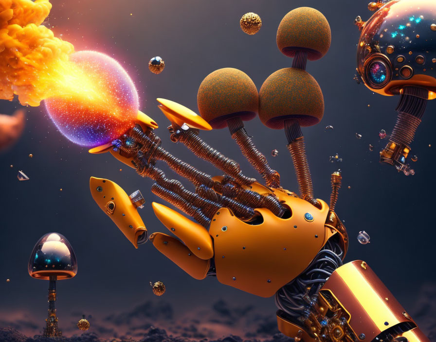 Robotic hand shooting fireballs at floating mushrooms under orange sky