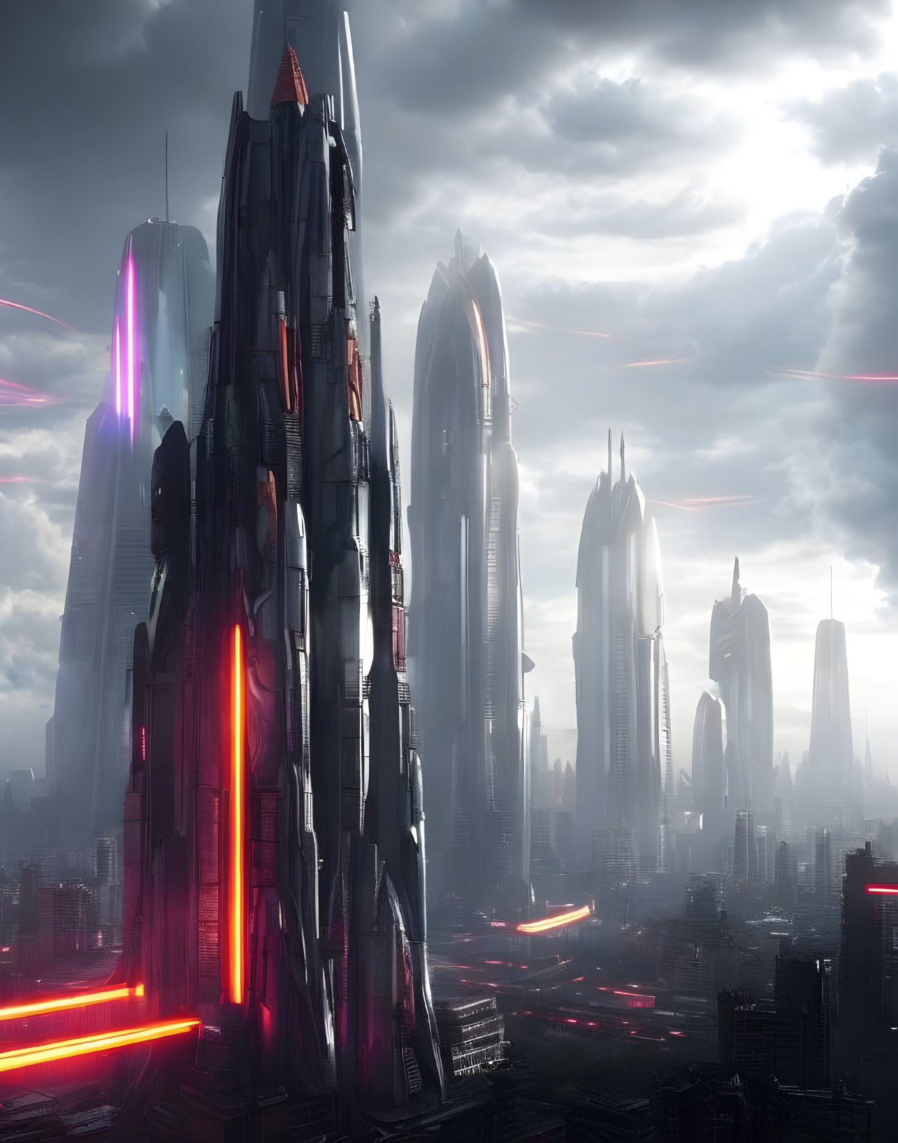 Futuristic cityscape with towering skyscrapers and neon accents