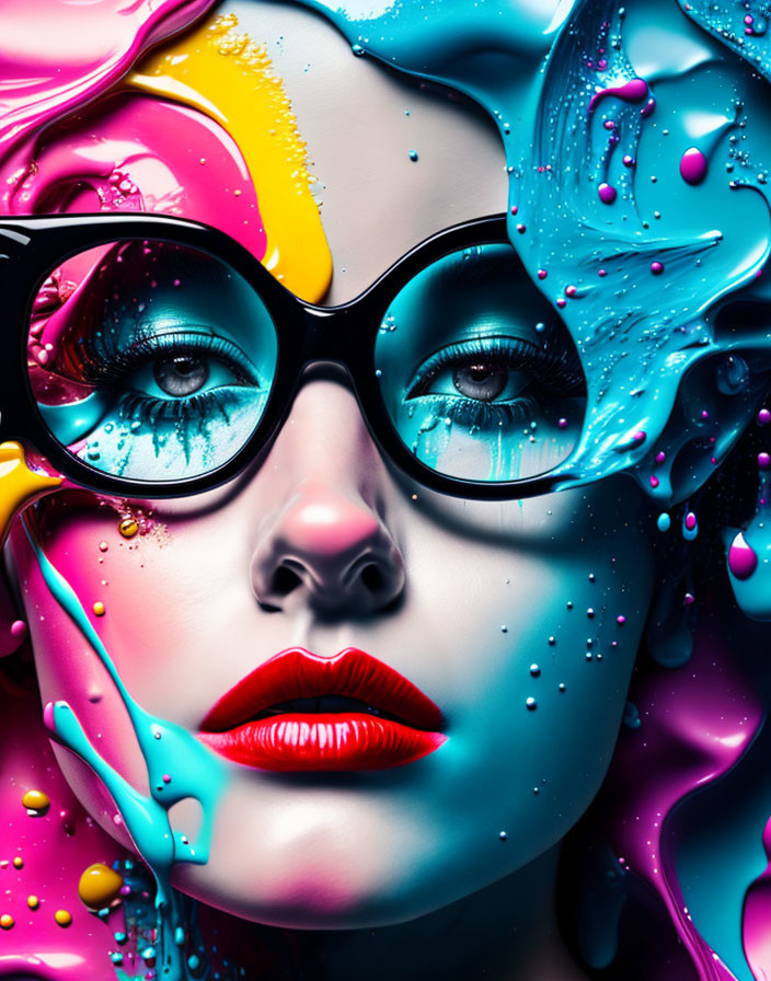 Abstract portrait of a woman with blue eyes and glasses in colorful swirls