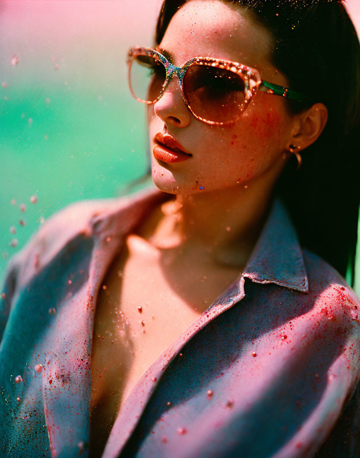 Woman in Sunglasses and Denim Jacket with Pink Splatters on Blurred Pink and Green Background