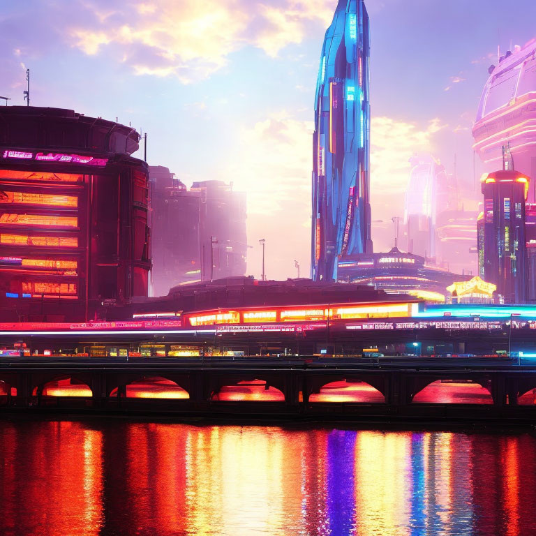 Futuristic cityscape with neon-lit skyscrapers at twilight