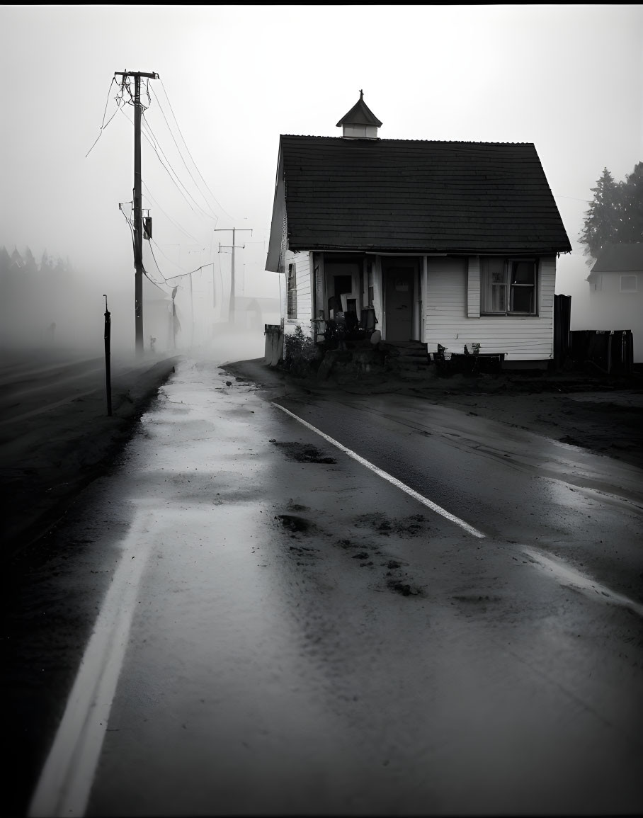 Foggy day scene: small house near wet road with receding utility poles