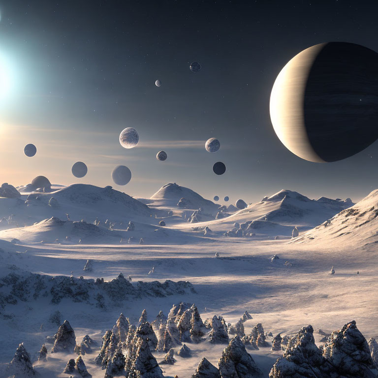 Surreal snowy landscape with multiple moons and a large planet