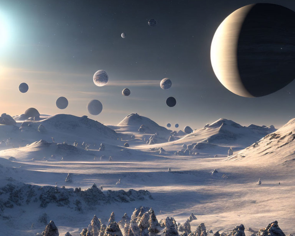 Surreal snowy landscape with multiple moons and a large planet