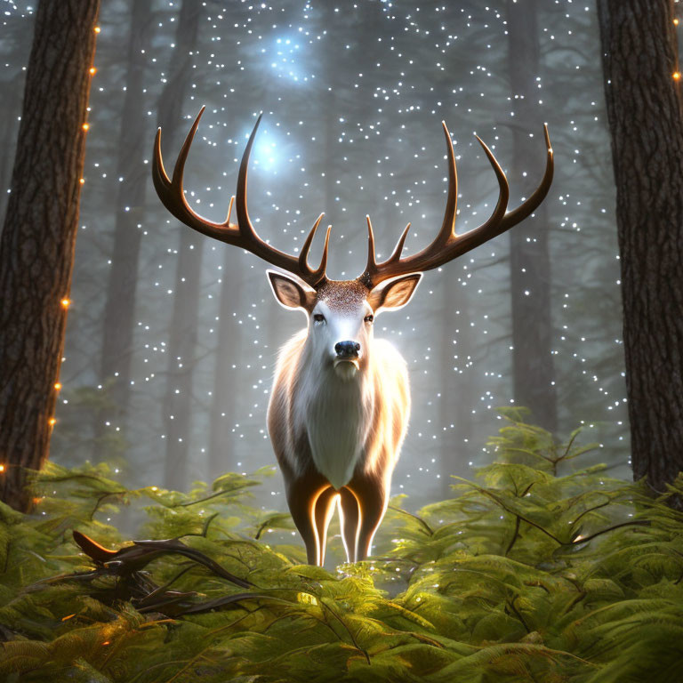 Majestic deer with large antler rack in luminous forest landscape