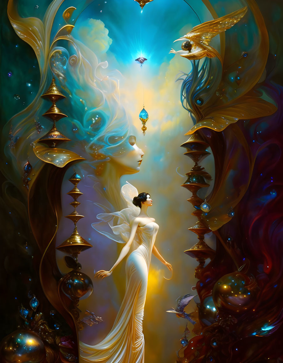 Ethereal artwork: Woman with vibrant colors, floating orbs, and fantastical entities