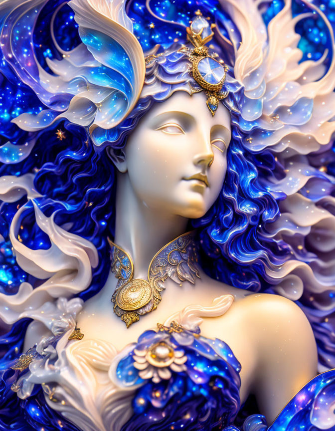 Detailed sculpture of woman with flowing blue hair and golden adornments