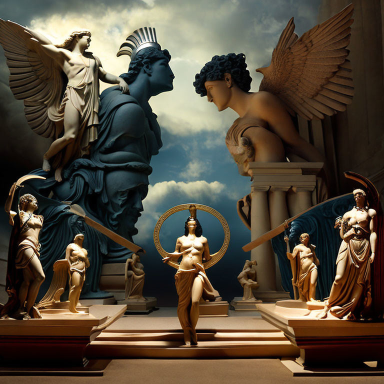 Classic statues illuminated under dramatic lighting against stormy sky backdrop