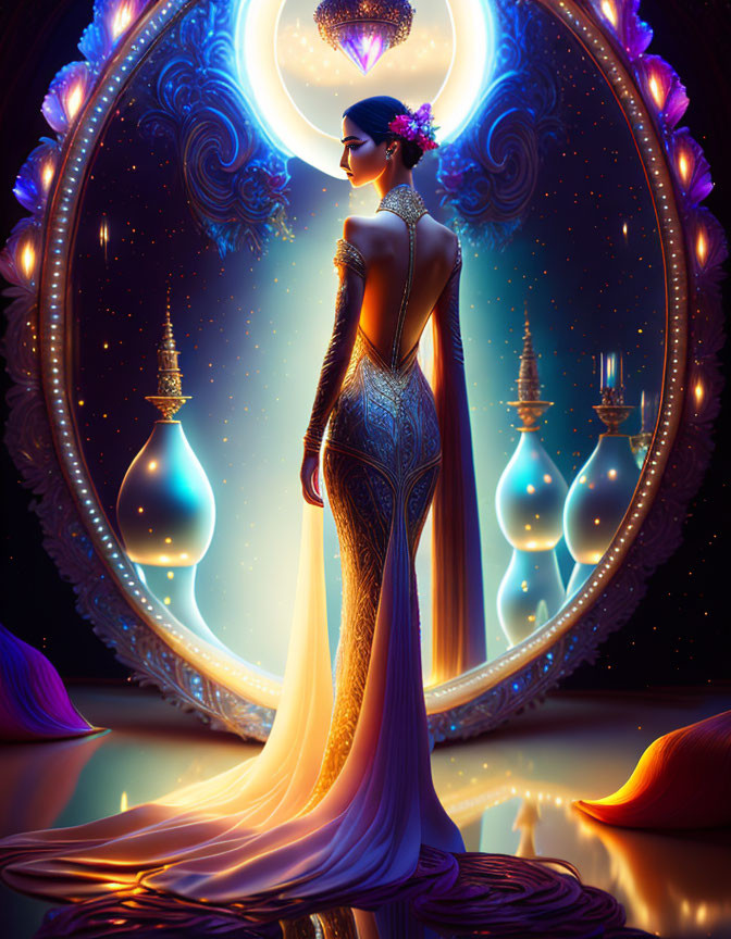 Elegant woman in flowing dress with mystical moon and lanterns