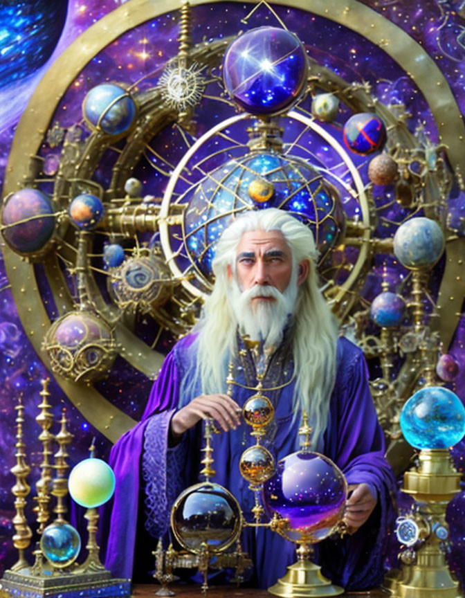 Elderly wizard in purple robe with celestial orbs and cosmic backdrop.