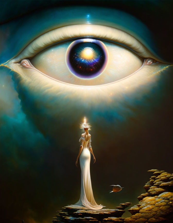 Surreal artwork: Giant eye in the sky, robed figure with candle, golden path &