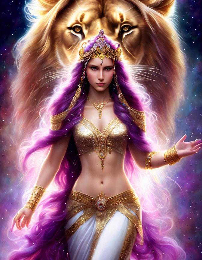 Majestic woman with lion's head halo in cosmic setting