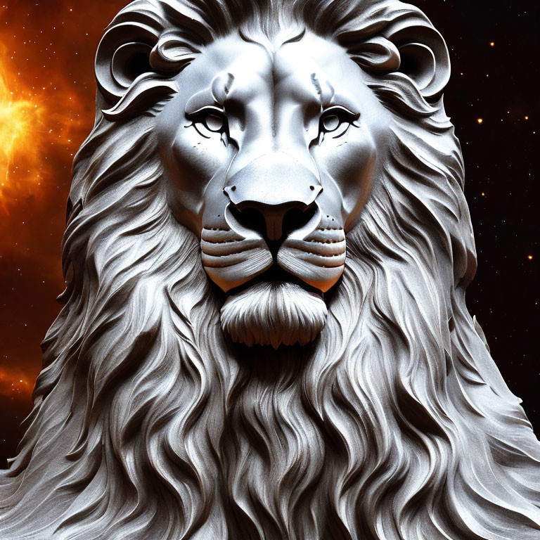 Silver lion's head with intricate mane on fiery starry backdrop represents strength and elegance