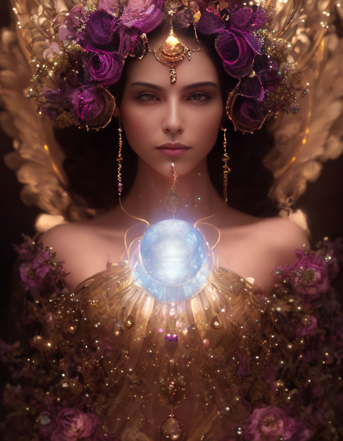 Mystical woman with floral crown and glowing orb in golden attire