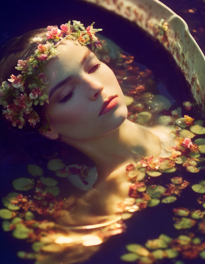 Woman with floral crown floating in water surrounded by petals exudes serenity.